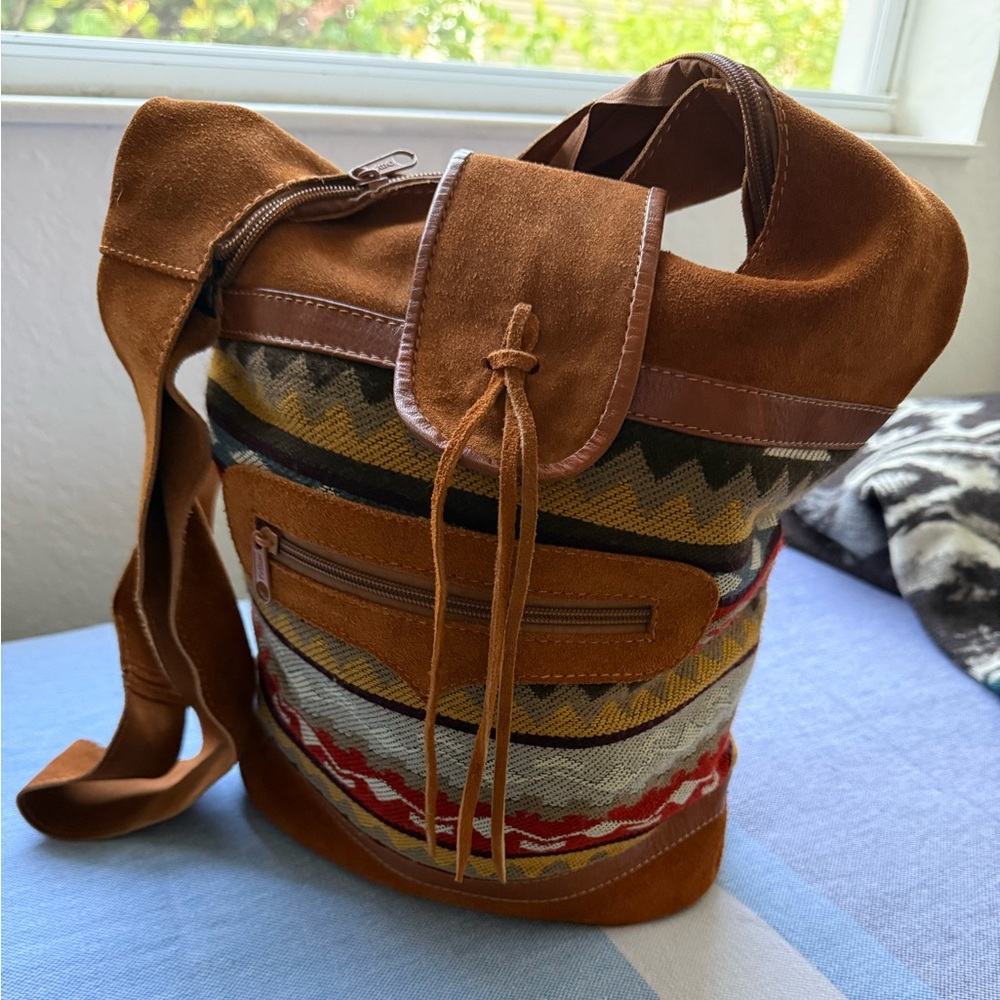 Suede Shoulder Bag with Zigzag Pattern